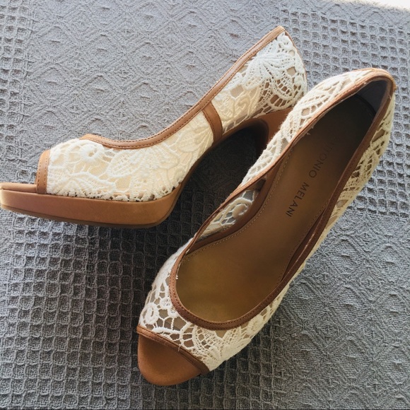 Antonio Melanie Tan & Ivory Lace Slip On Heels - Picture 3 of 8